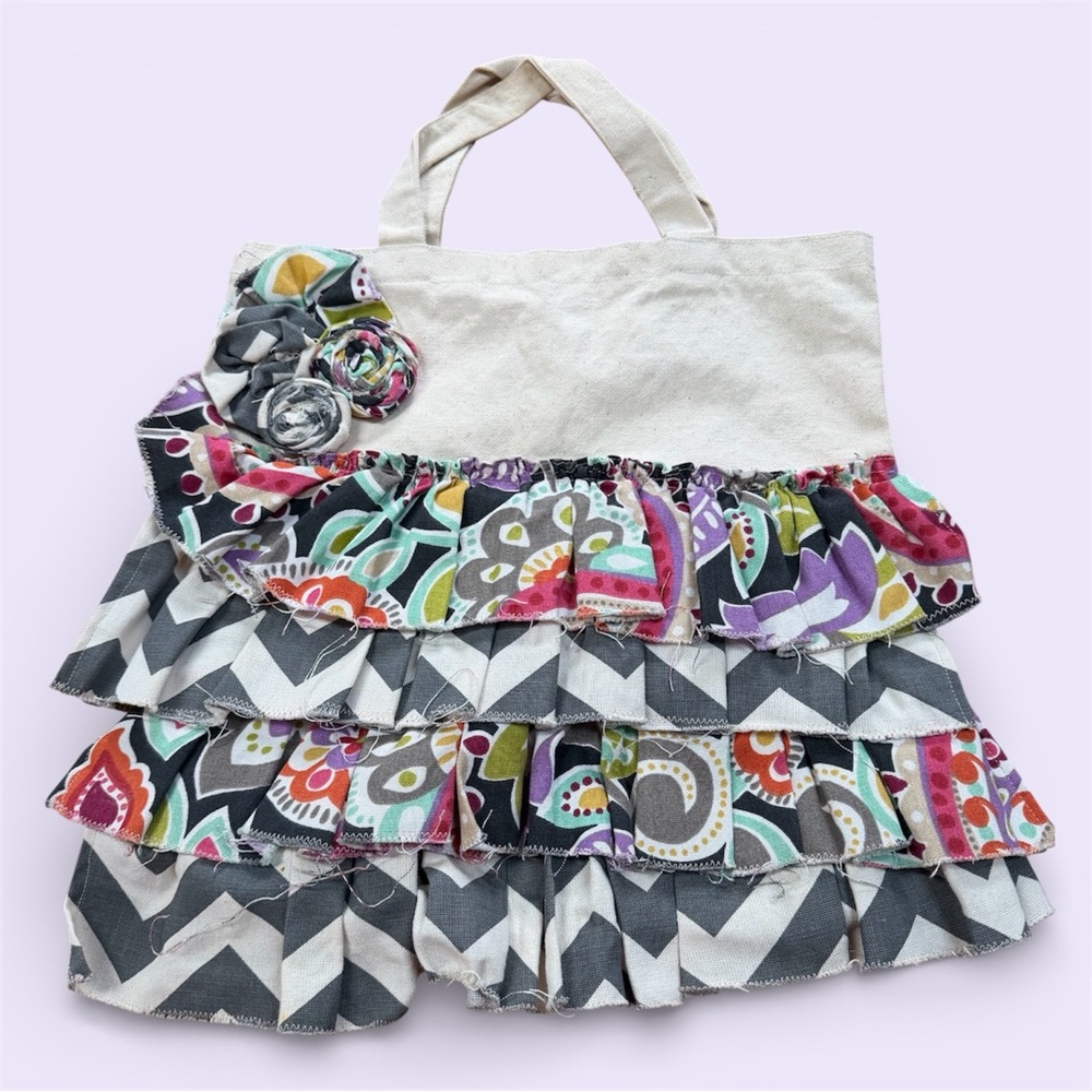 Handmade canvas bag with ruffles.  Cute little tote bag with fabric buds.